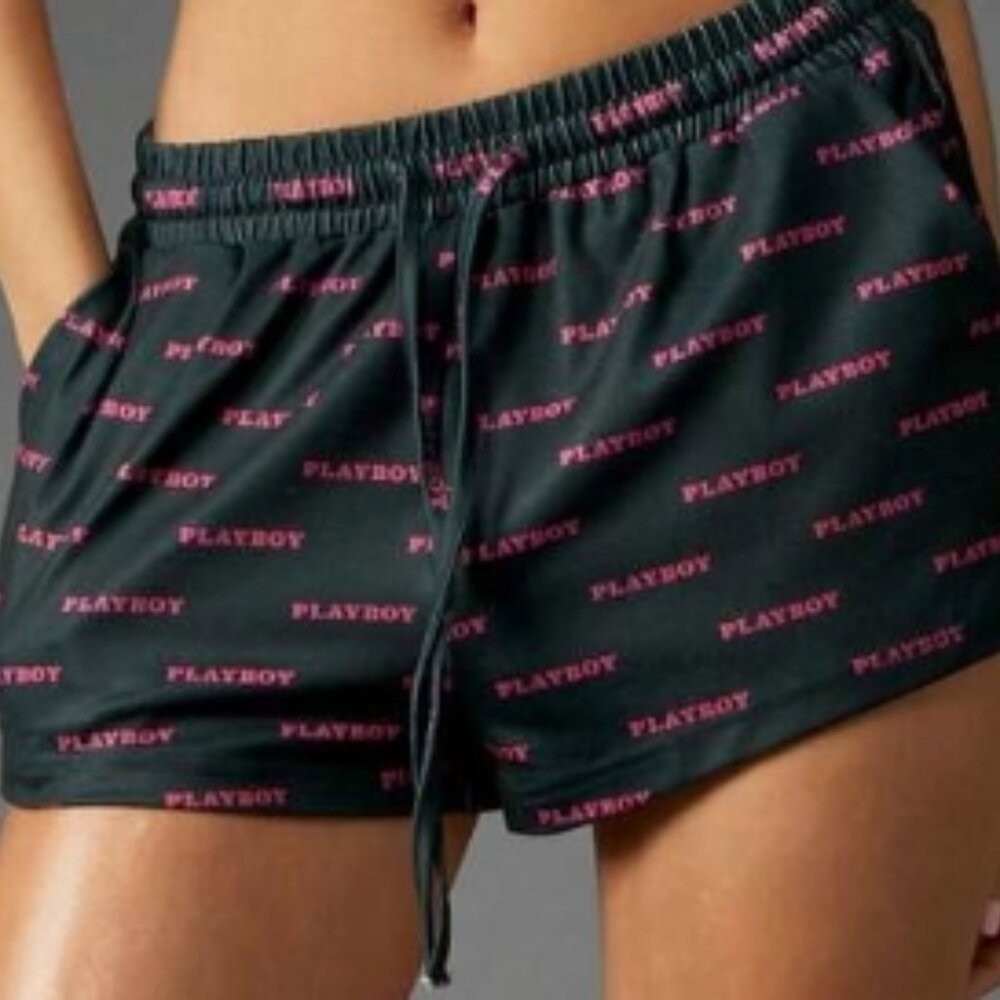 Playboy Logo Print Drawstring Shorts with Elastic Waistband - Picture 1 of 4